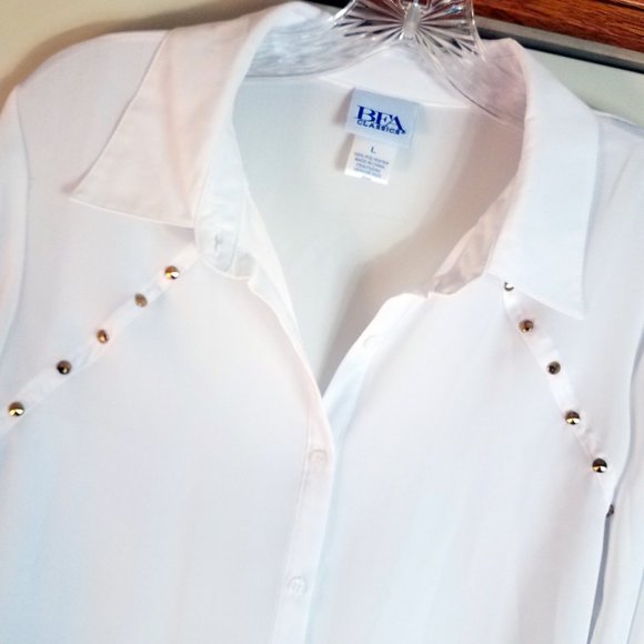 Bea Women's White Button Down Gold Studded Shirt Top Blouse - Picture 5 of 12